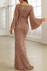 Ingvn - Elegant Formal Solid Sequins V Neck Evening Dress Dresses