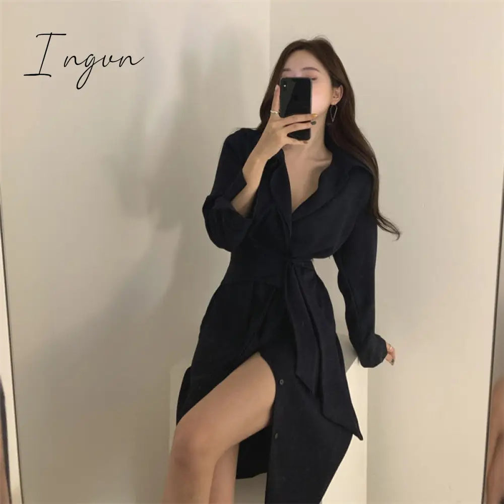 Ingvn - OL Gentle Minimalist Autumn Work Wear Lapel Elegant Lace Up Solid Brief Sexy Chic Loose Dresses Female Vestidos