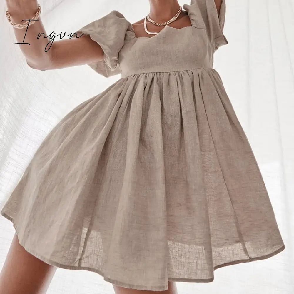 Ingvn - Vintage Casual Short Dress Summer Women Puff Sleeve A Line Dresses High Waist Square Collar Linen Ladies Dress Khaki