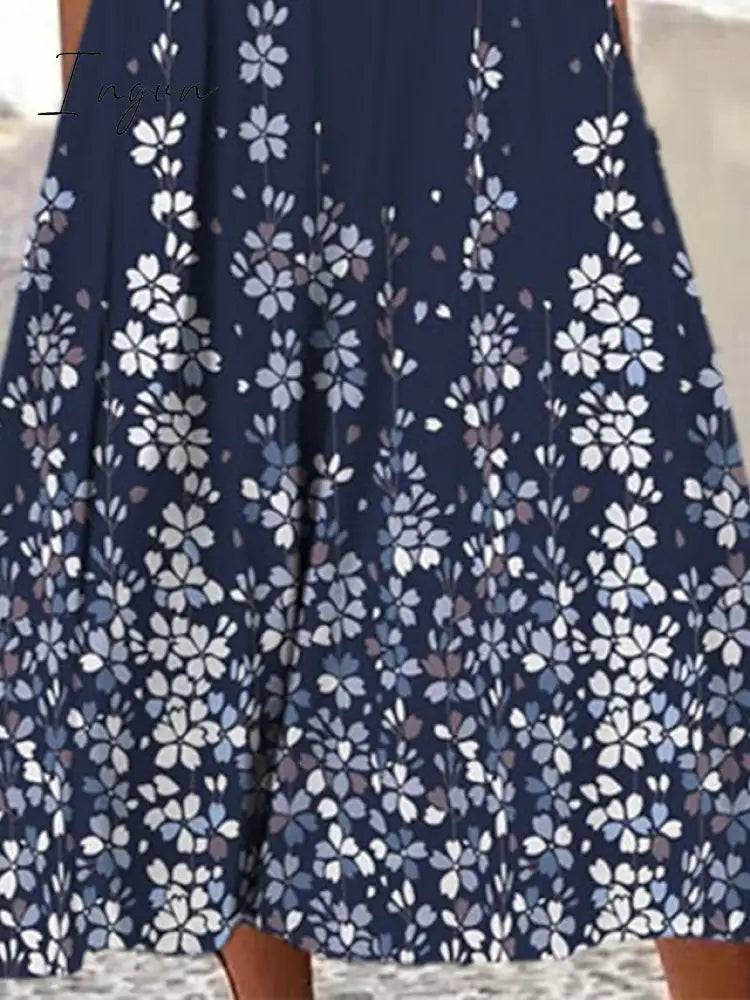 Ingvn - Women's Casual Dress Shift Dress Midi Dress Navy Blue 3/4 Length Sleeve Floral Ruched Summer Spring Crew Neck Basic Vacation Fall Dress Summer Dress 2023 S M L XL XXL 3XL