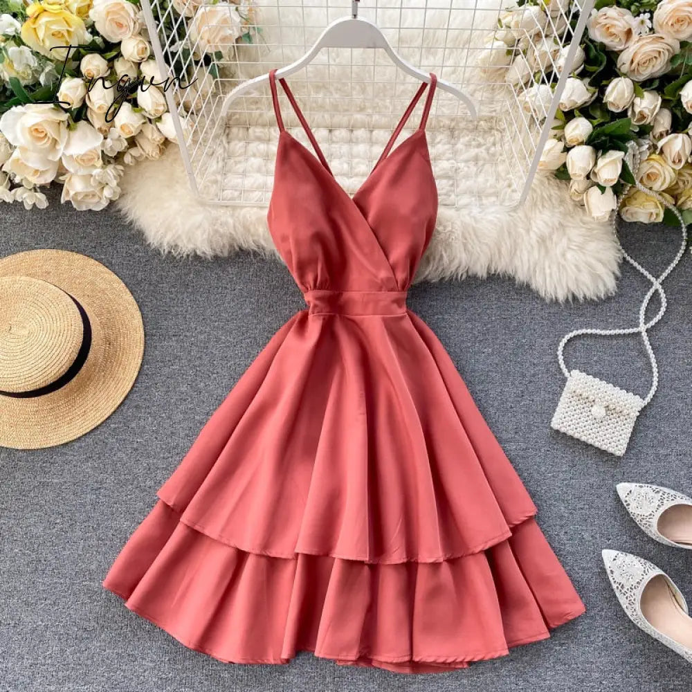 Ingvn - Summer Spring Beach Holiday V-Neck Backless Lace Up Ruffles Cakes Solid Elegant Women Lady A-line High Waist Dress