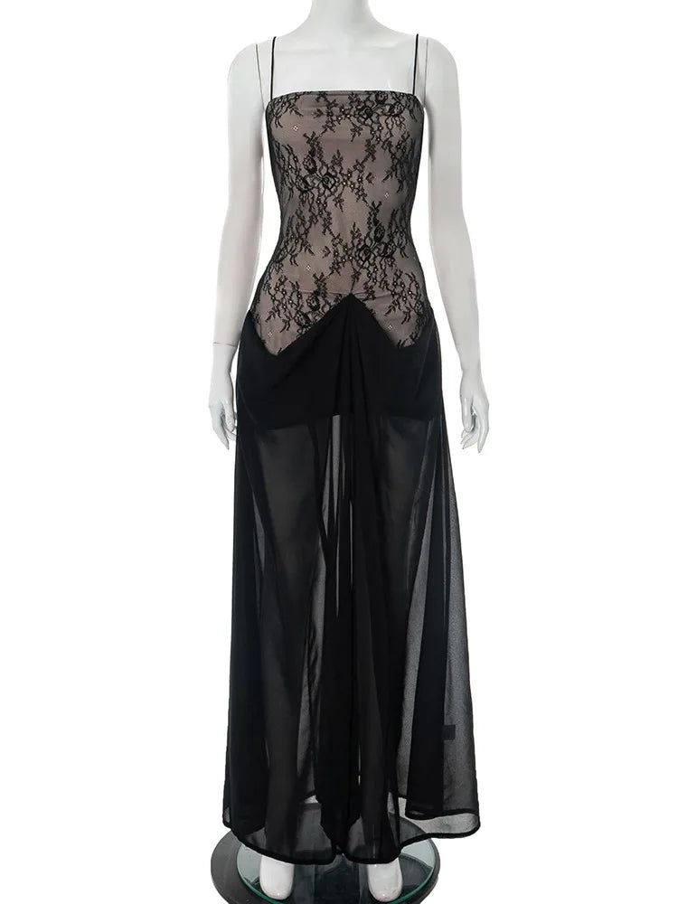 Lace Spaghetti Strap Sexy Maxi Dress Women Fashion Patchwork Sleeveless Backless See Through Club Party Long Dress