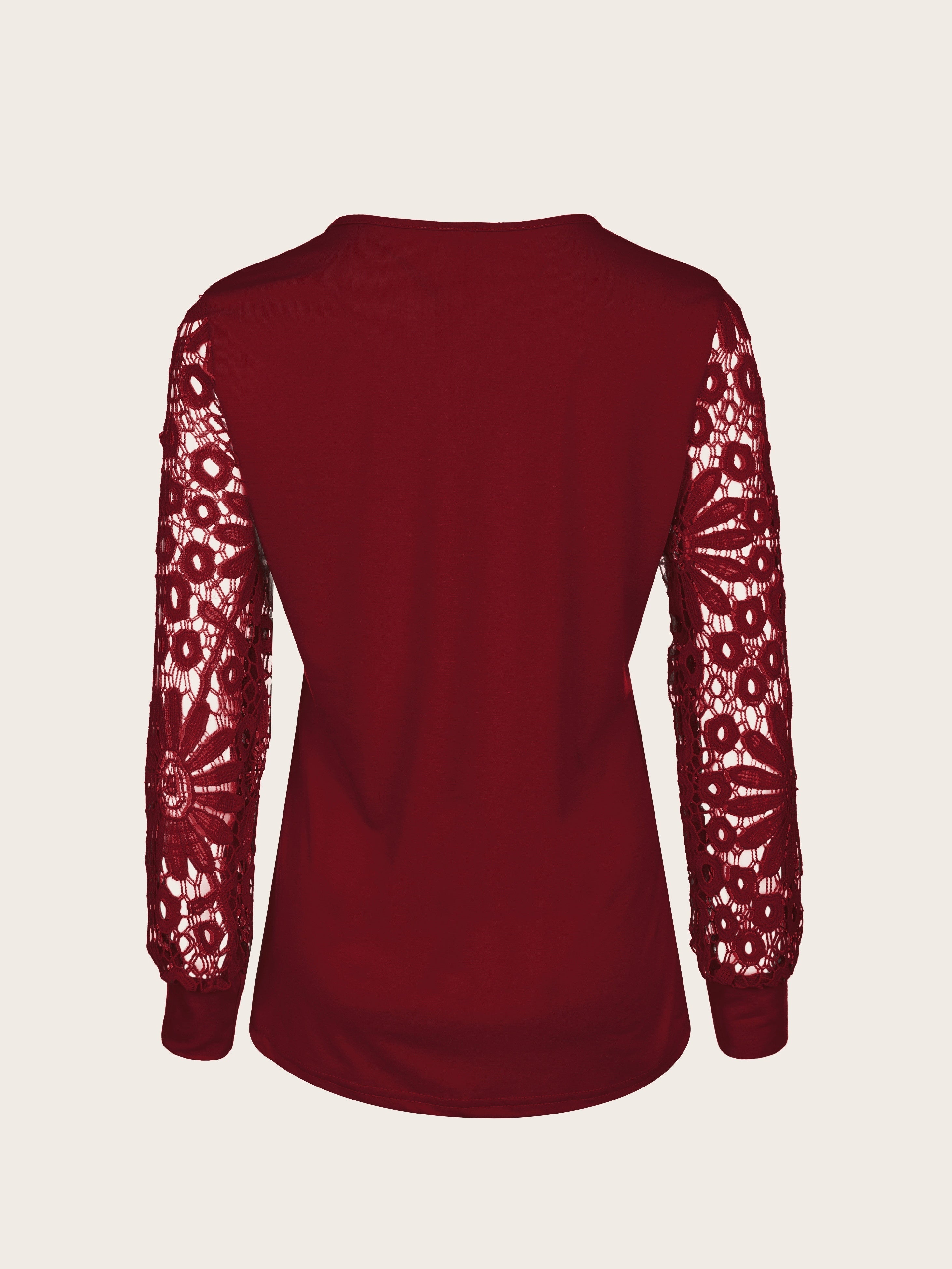 Vibrant Lace Accent Pleated Front Long Sleeve T-Shirt - Chic Button V Neck, Casual Everyday Wear, Soft Fabric, Flattering Fit, Women's Stylish Clothing for Daily Life