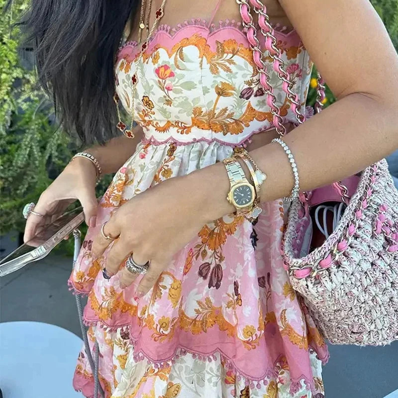 Women Elegant Flower Print Cake Layered Dress Sexy One Shoulder Sleeveless Bohemian Dress Fashion Waist Pleated Long Dress