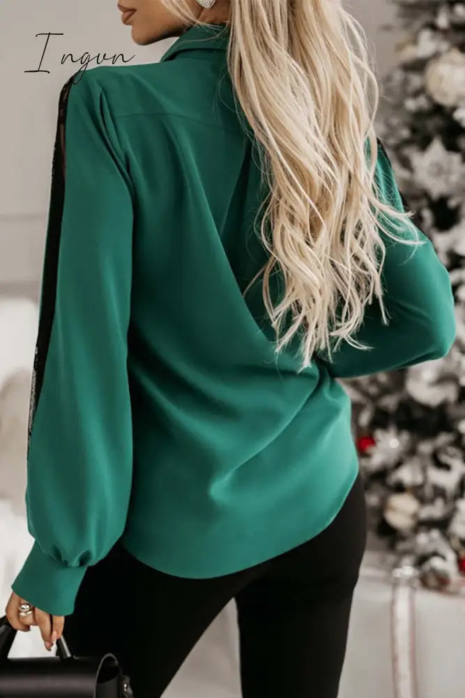 Ingvn- Elegant Solid Mesh Shirt Collar Tops