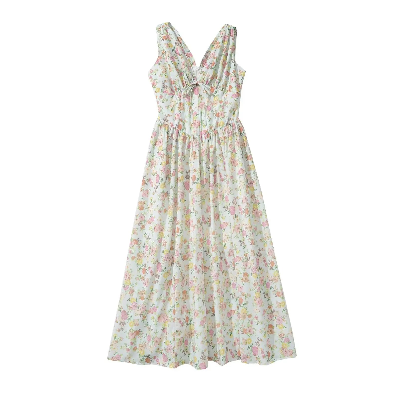 New Women Bow V Neck Floral Print Tank Summer Dress Sexy Sleeveless High Waist Elegant Holiday Party Dresses Midi Robe