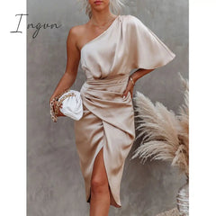 Ingvn - Sexy Party Satin Silk Autumn Winter Dress For Women Short Sleeve One Shoulder High Split Bandage Long Dresses Summer New