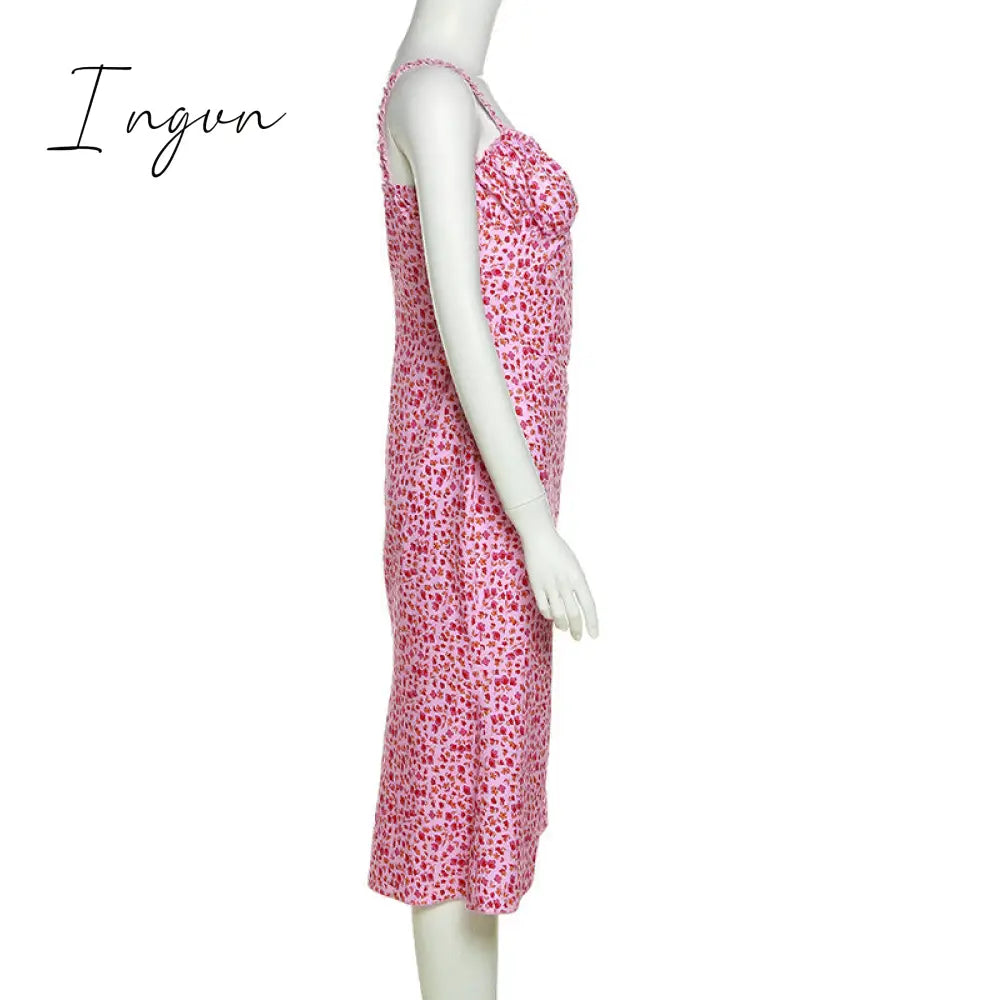 Ingvn - New Fashion Summer Casual Beach Pink Floral Print Dress Bodycon Long Strap Ruched Women Sexy Club Party Dress