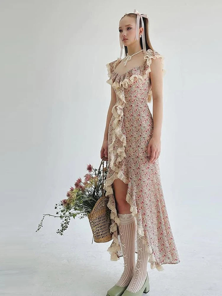 High Slits Colorful Maxi Dress Women Bandage Patchwork Lace Folds Irregular Low-Neck Sweet Skinny Temperament Vestidos