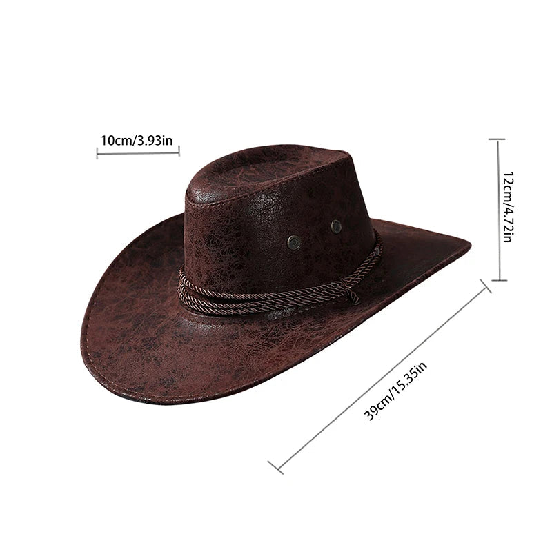Women Men Cowgirl Hat Retro Synthetic Leather Sun Protection Holiday Beach Hiking Cap