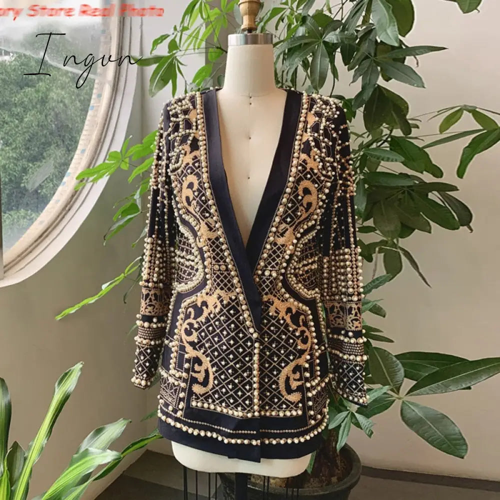Ingvn - new Beaded Geometric Autumn Winter Long Sleeves V-Neck Vintage Ladies Outwear vintage fashion Overcoats