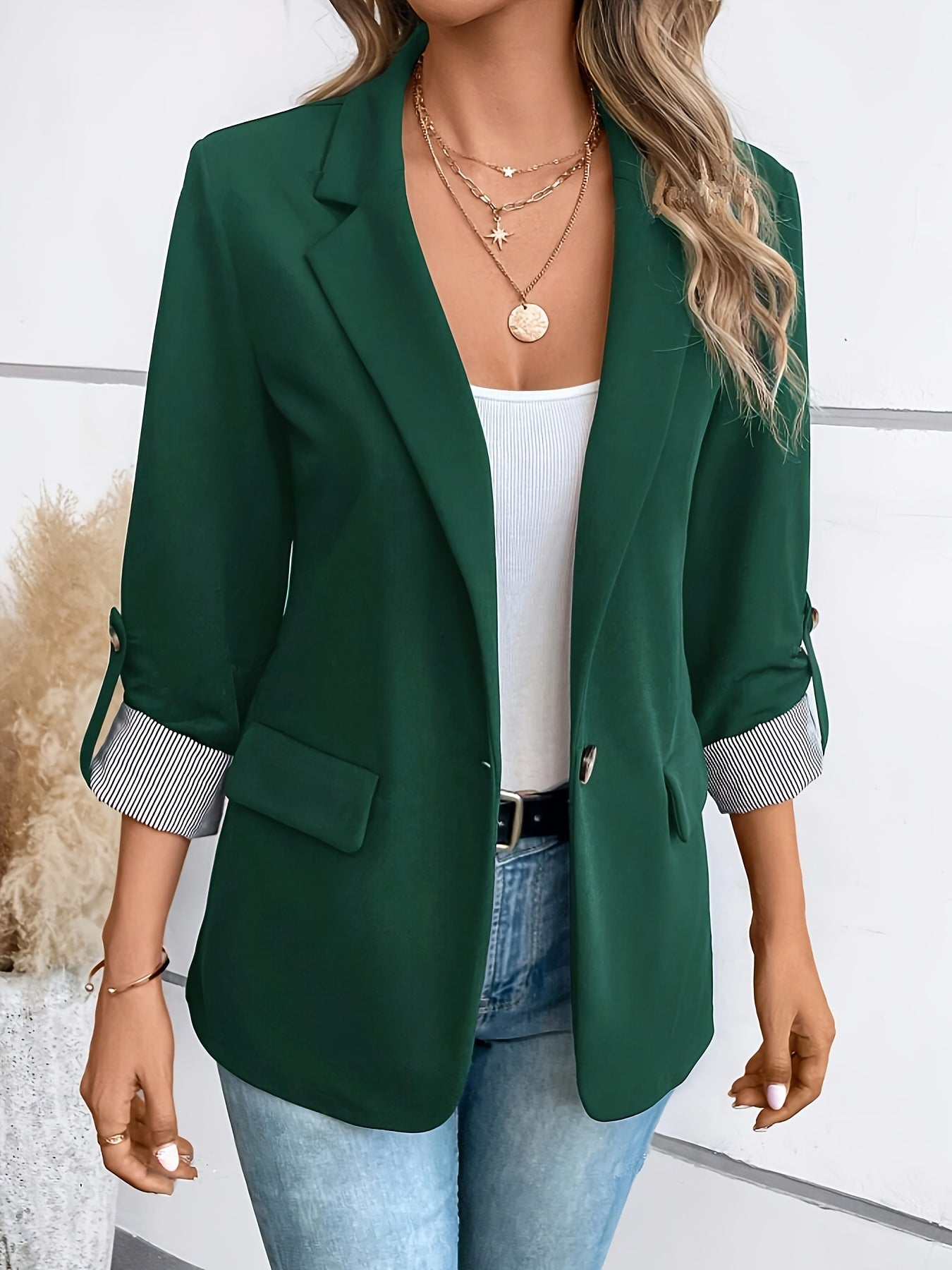 Single-Breasted Label Neck Blazer, Elegant Long Sleeve Blazer For Office & Work, Women's Clothing