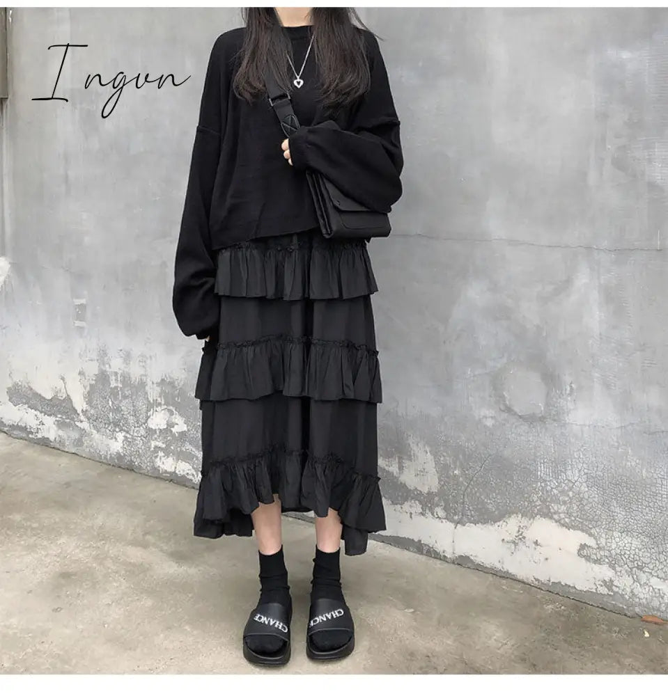 Ingvn - Midi Long Skirts Womens Maxi Skirt Goth Lolita Summer High Waisted Asymmetrical High Low Ruched Ruffle Skirts rok