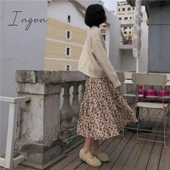 Ingvn - High Waist Flowers Printed Corduroy Skirt