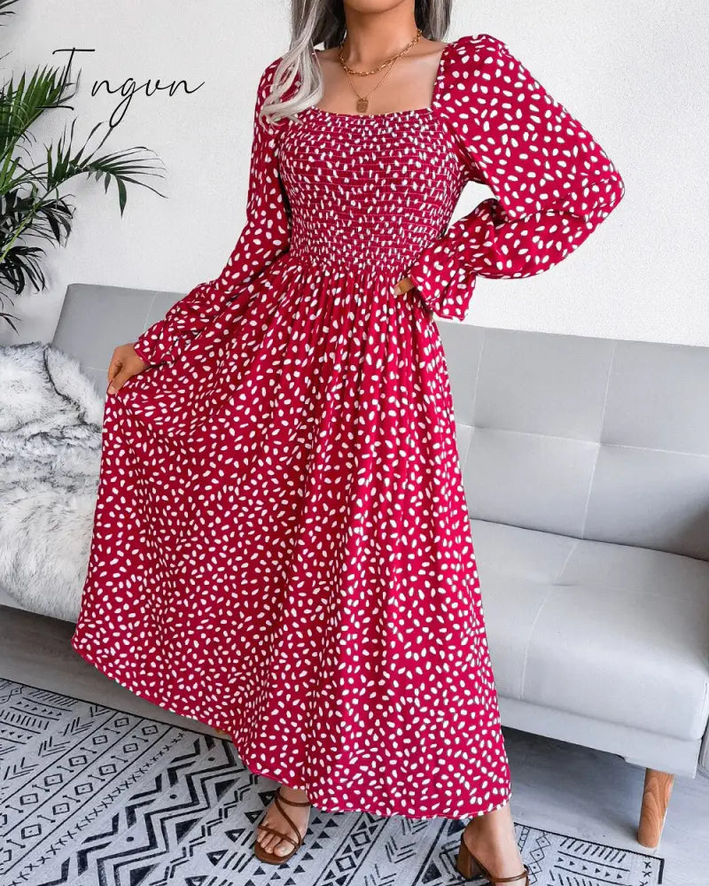 Ingvn - Fashion New Print Square Collar Chiffon Dress Women Elegant Pleated Loose Dress Women Puff Sleeve Party Dresses for Women Robes 18123