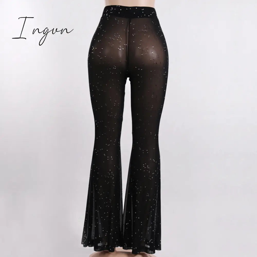 Ingvn - Hot Sparkly Rhinestone Black Mesh Sexy Flare Pants Streetwear Rave Bottoms See Through Beach Bell Bottom Pants C66-BE16