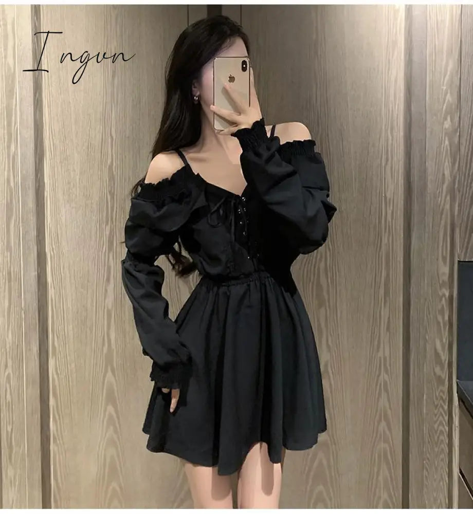 Ingvn - Gothic Black Dress Women Casual Button Lace Evening Party Sexy Mini Dress Female Long Sleeve One-piece Dress Korean Autumn