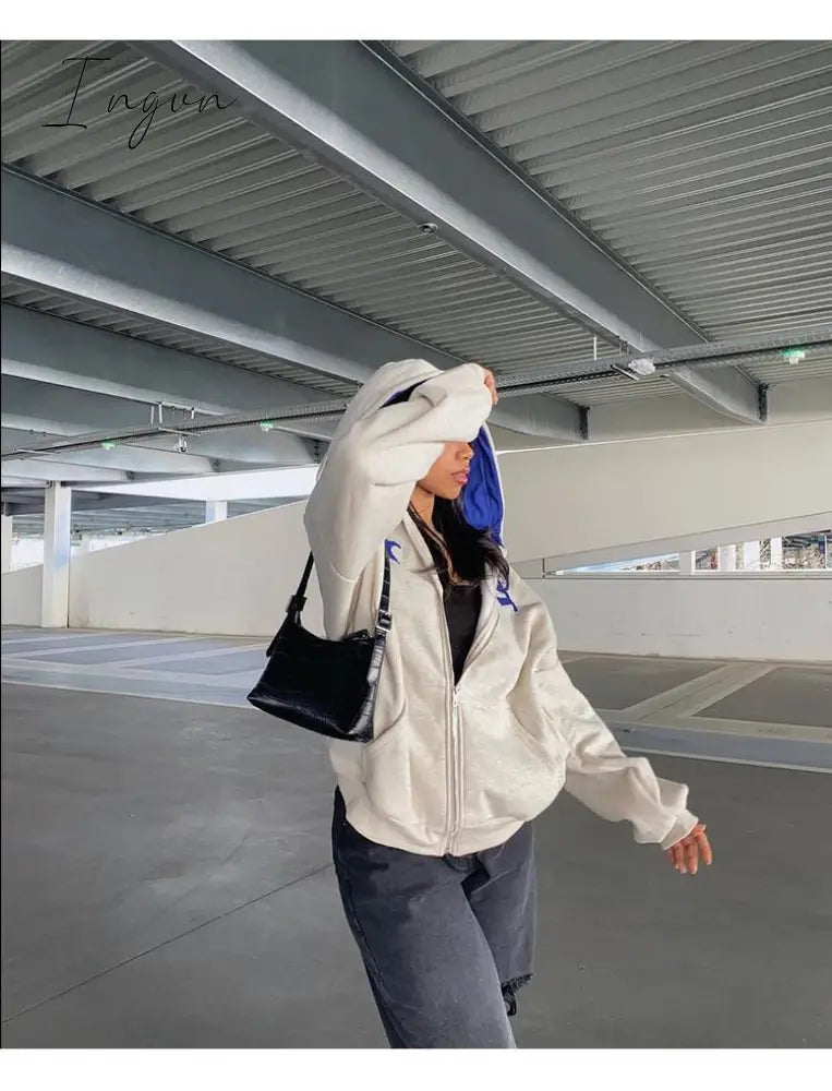 Ingvn - Spring Y2K Streetwear Women's Letter Embroidery Printing Punk Oversized Hoodie Women Hip Hop Couple Gray Zipper Sweatshirt Women