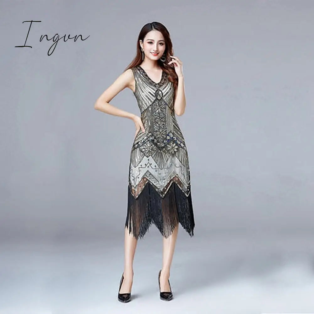 Ingvn - 1920s Vintage Flapper Great Gatsby Party Dress V-Neck Sleeveless Sequin Beaded style Style Tassel Flapper Vestidos Feminina 1920