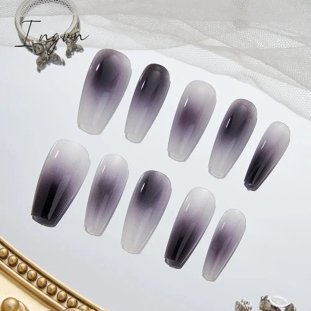 10PCS Chinese Style Fake Nails with Glue Sfumato Ink Long Nails Set Press on Acrylic Stick on False Nails Art