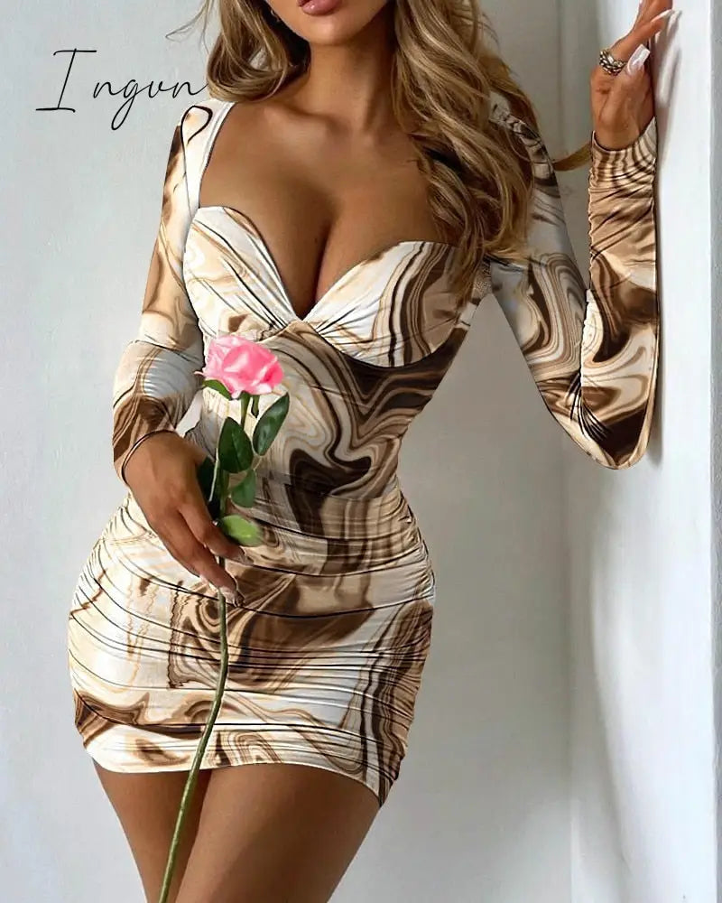 Ingvn - Long Sleeve Mini Dresses Women Basic Party Evening Clubwear Outfits Fall V Neck Sexy Bodycon Dress Short Wrap Streetwear