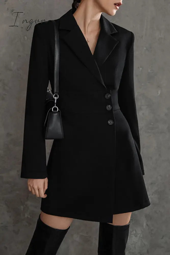 Ingvn - British Style Solid Buttons Turn-back Collar Suit Dress Dresses