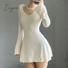 Ingvn - Knitting Elegant Dress For Women Spring Fall Solid Color V Neck Office Lady Irregular Hem Simple Basic Slim Dresses