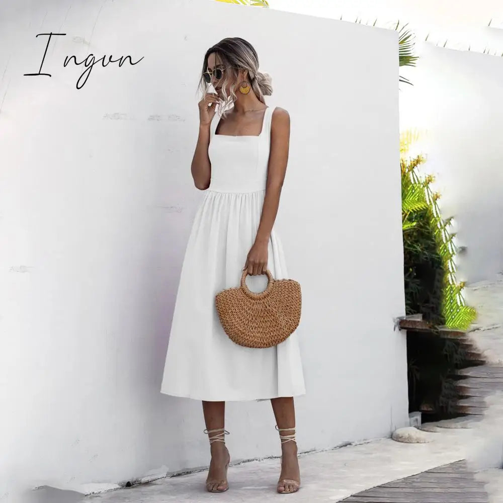 Ingvn - Women Long Dress Summer Sexy Backless Casual White Black Ruched Slip Midi Sundresses Ladies Strap Clothes For Women y2k