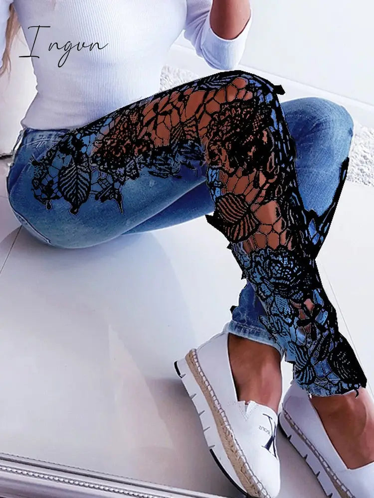 Ingvn - Plus Size 3XL Lace Floral Crochet Hollow-Out Jeans Autumn Women Elegant Sexy Denim Pencil