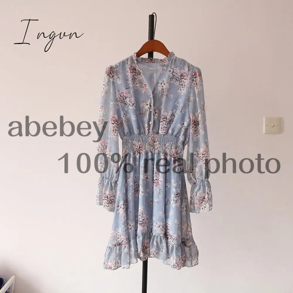 Ingvn - Mothers Day Gifts new fashion women's French dress female temperament V-neck long-sleeved chiffon floral dresses