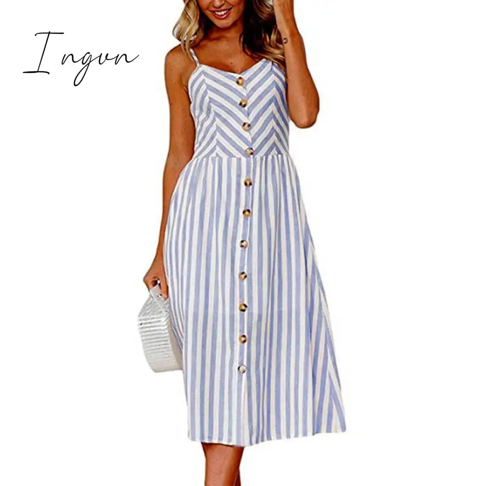 Ingvn - Boho Sexy Floral Dress Summer Vintage Casual Sundress Female Beach Dress Midi Button Backless Polka Dot Striped Women Dress