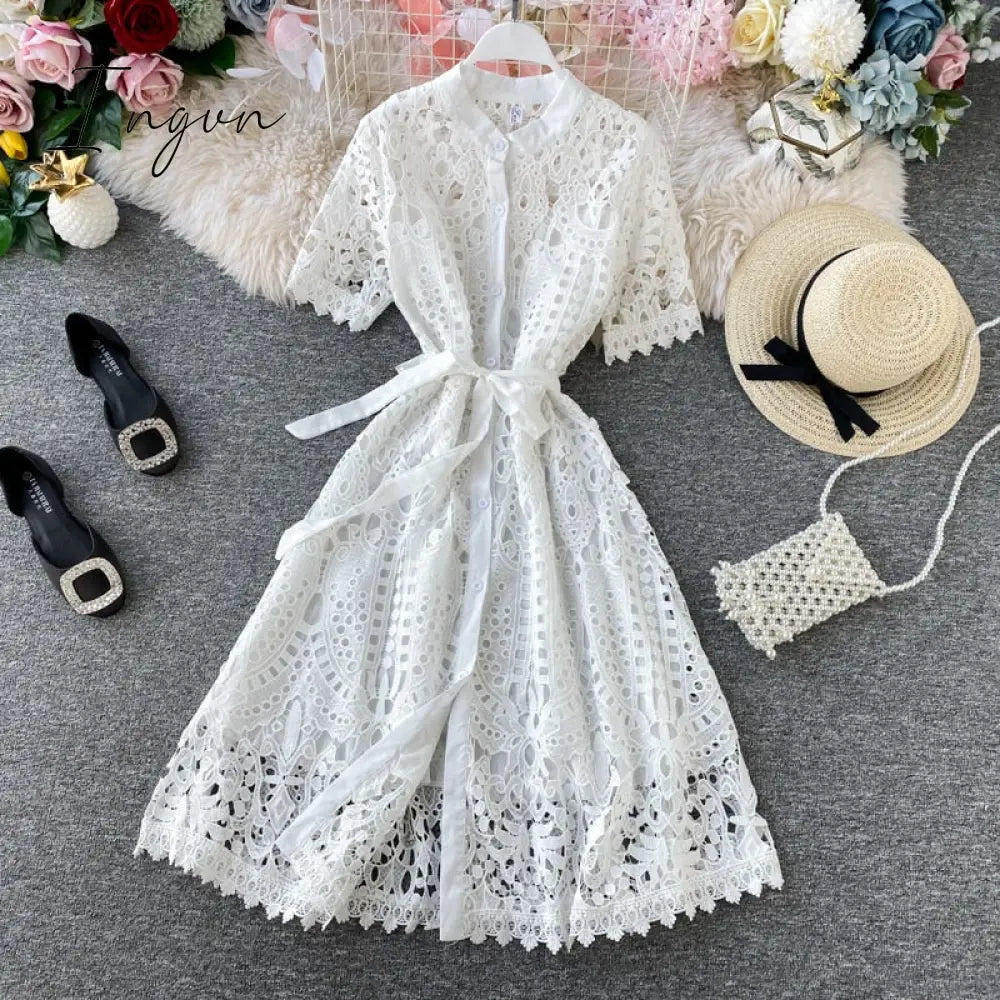 Ingvn - Women Elegant Hollow Out Lace Dress Office Lady Summer Solid O-Neck Button up Sashes Midi Dress Female Chic Short Sleeve Dress