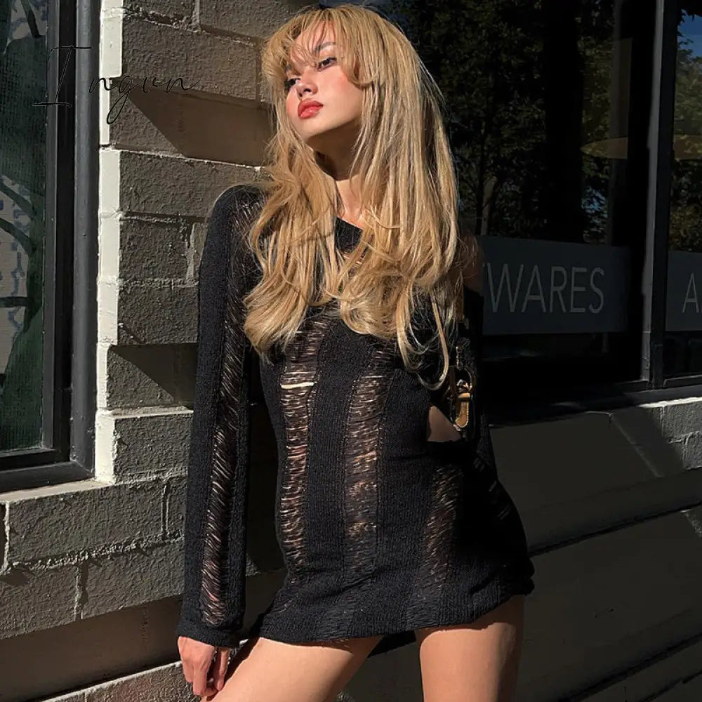 Ingvn - Fashion Trends Round Collar See Through Dress Women Sexy Long Sleeve Elegant Beachwear Hollow Out Backless Knitted Female Dress Summer
