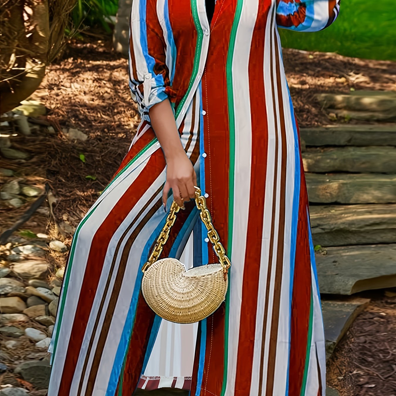 Plus Size Casual Outfits Set, Women's Plus Colorblock Stripe Print Button Up Long Sleeve Turn Down Collar Blouse & Wide Leg Pants Outfits 2 Piece Set