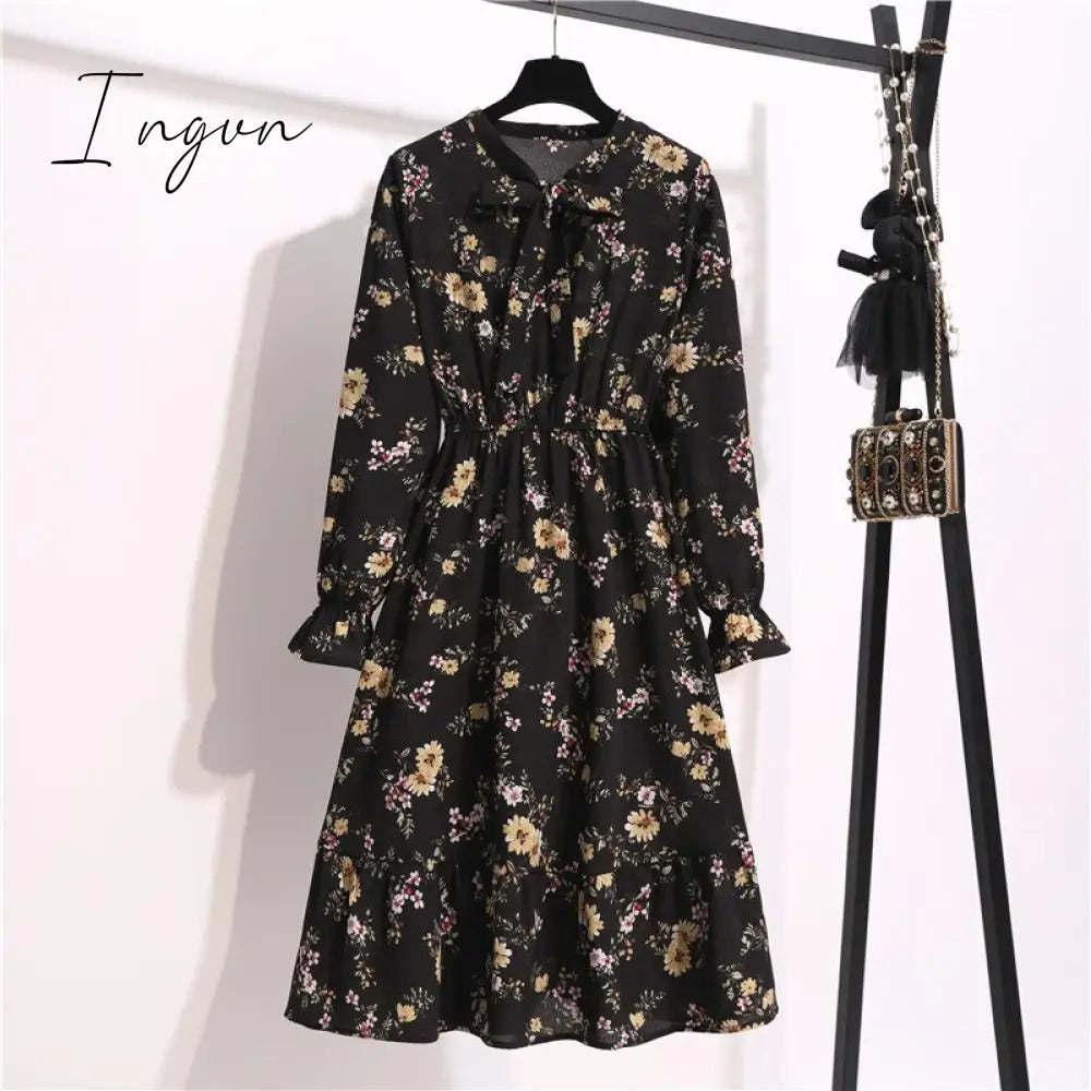 Ingvn - 11 Style Beautiful Fashion Summer Women Long Sleeve Dress Retro Collar Casual High Waist Dresses Floral Print Chiffon Clothing