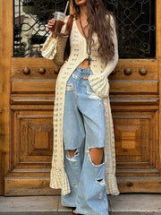 Ruffled Hem Openwork Longline Cardigan