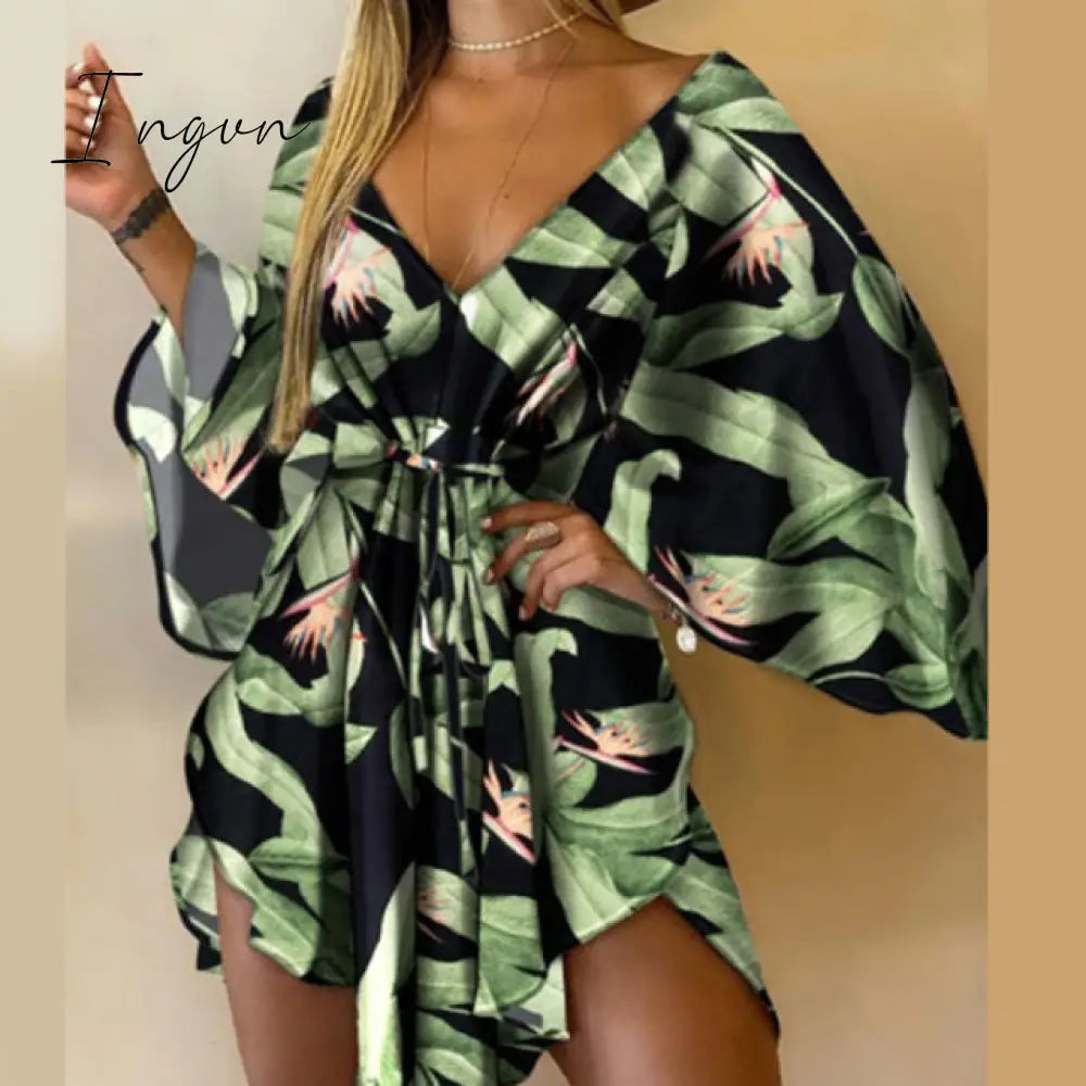 Ingvn - Sexy V-Neck Women Mini Dress Casual Leaf Leopard Print Harajuku Batwing Sleeve Dress Lady Elegant Lace-Up Irregular Party Dress