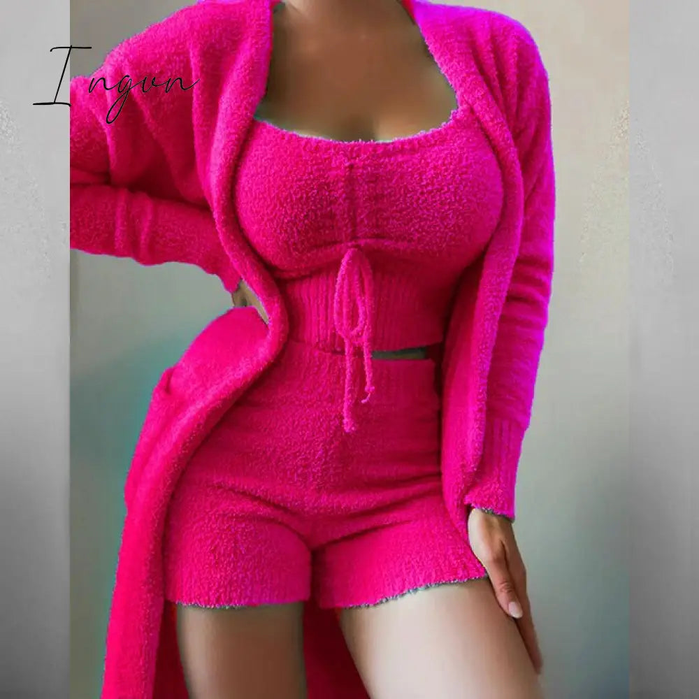 Ingvn - Women Elegant Fleece Soft 3 Piece Suit Fashion Square Collar Drawstring Tops+Long Cardigan Outfits Casual Pajamas Solid Set