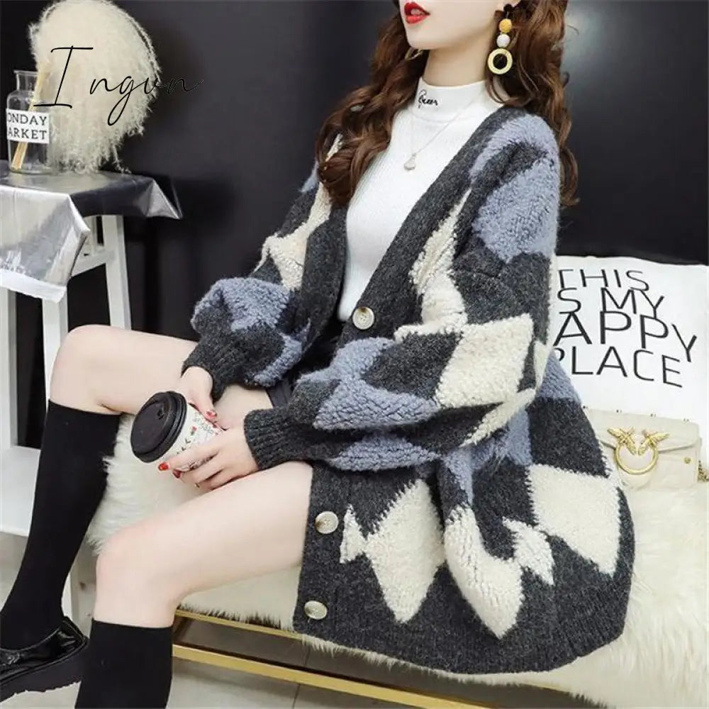 Ingvn - Womens Fashion Spring Winter Women's Plaid Plus Velvet Warm Knitted Sweaters Cardigans Long Sleeve Checkered Coat Oversize Sweater Jackets