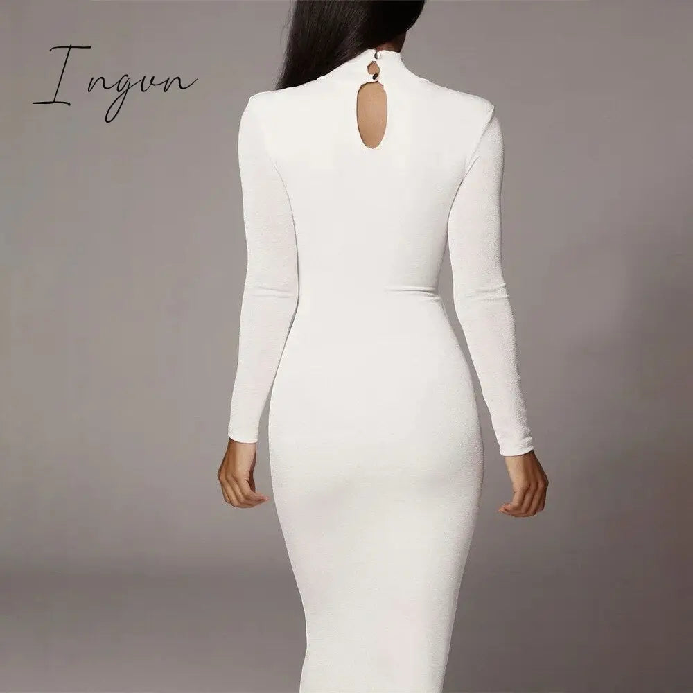 Ingvn - Summer New Women's Sexy Tight Hip Over Knee White Solid Long Sleeve High Collar Dresses Ladies 2023
