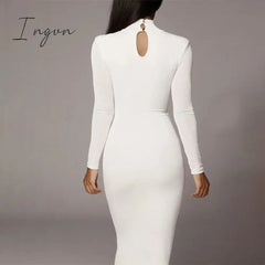 Ingvn - Summer New Women's Sexy Tight Hip Over Knee White Solid Long Sleeve High Collar Dresses Ladies 2023