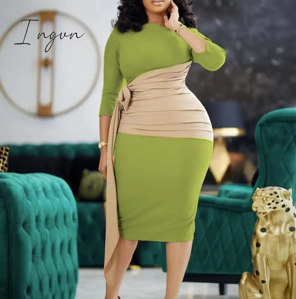Ingvn - Autumn Fashion Elegant Colorblock Lace-Up Dress Women Office Ladies OL Colorblock Slim Dress Women
