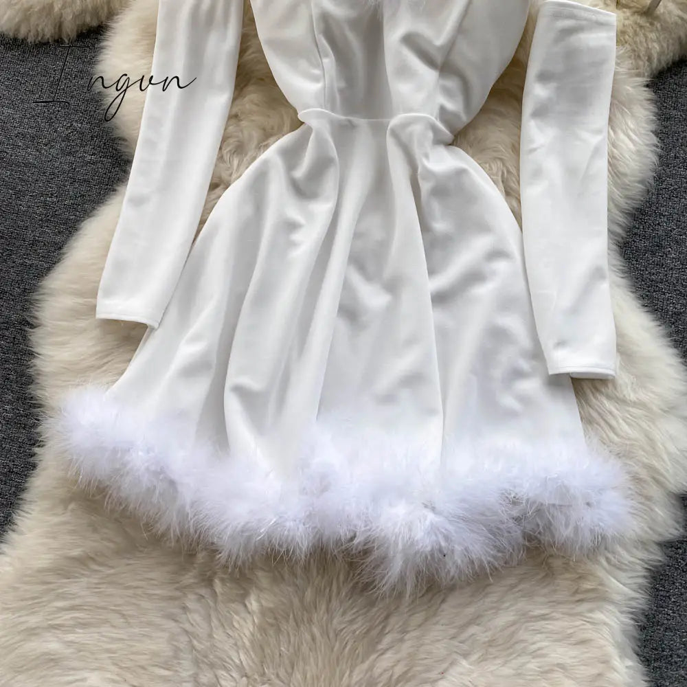 Ingvn - Gifts For Women Elegant Dress For New Year Strapless Backless Furry Sexy Short Mini Christmas Dress Navidad Red Party Dress Femme