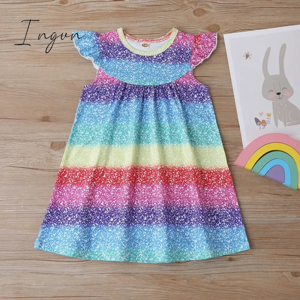 Ingvn - New Summer Baby Girls Tutu Dress Children Party Little Girl Kids Clothes Flying Sleeve Princess Rainbow Patchwork Outfits Dress