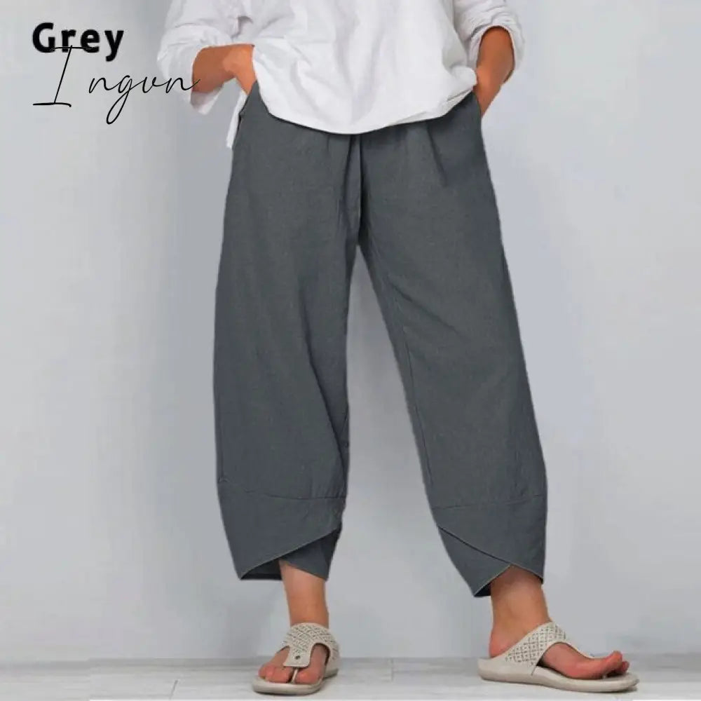 Ingvn - Vintage Harem Pants Women Casual Loose Printed Elastic Waist Cotton Linen Wide Leg Pants Summer Irregular Pantalon Cropped Pants