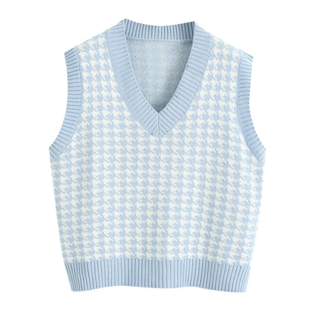 Women  Fashion Oversized Houndstooth Knitted Vest Sweater Vintage Sleeveless Side Vents Female Waistcoat Chic Tops
