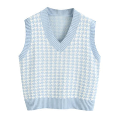 Women  Fashion Oversized Houndstooth Knitted Vest Sweater Vintage Sleeveless Side Vents Female Waistcoat Chic Tops