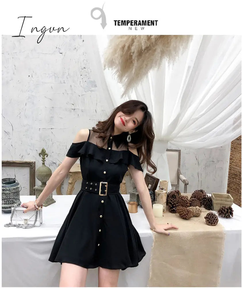 Ingvn - Korean OL New Single Breasted Women Summer Dress Sweet Chic Black office work Short mini Dresses With Belt Vestidos jurken