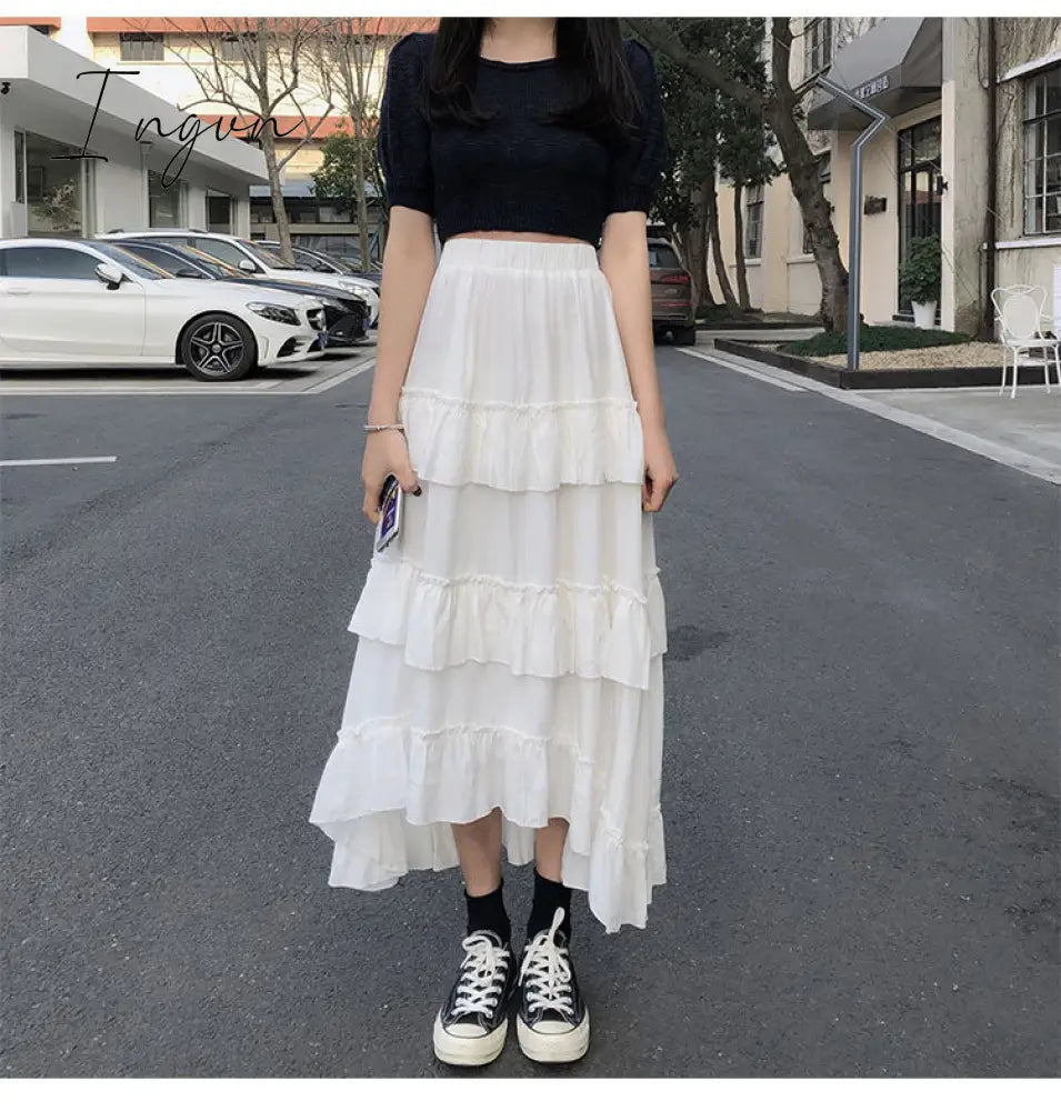 Ingvn - Midi Long Skirts Womens Maxi Skirt Goth Lolita Summer High Waisted Asymmetrical High Low Ruched Ruffle Skirts rok
