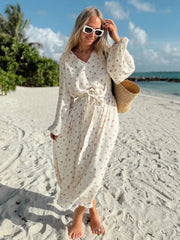 Ingvn  New  Autumn Women's V-neck Long Sleeve Floral Print Beach Dress Female Casual Loose Chiffon Long Vacation Dresses with Belt